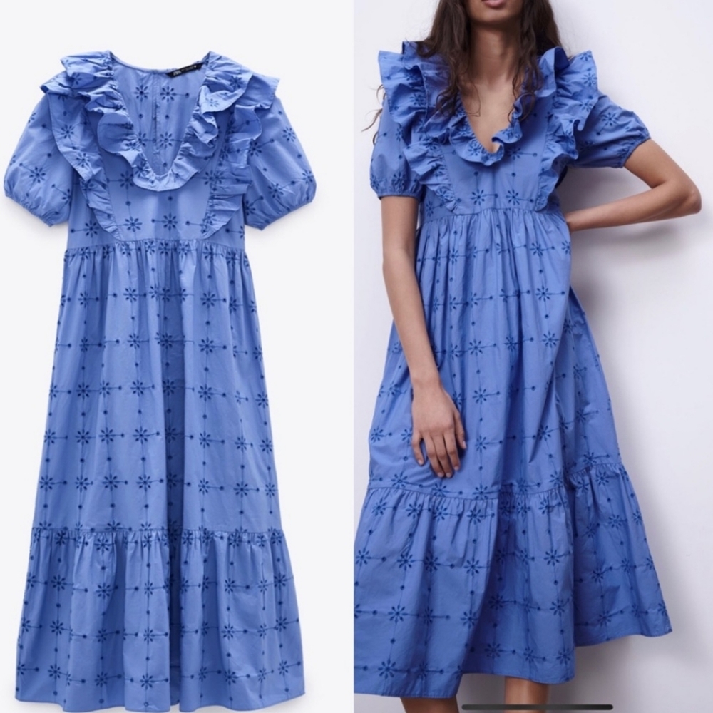 Zara * openwork embroidered dress boho flowy blue size xs - Picture 11 of 11